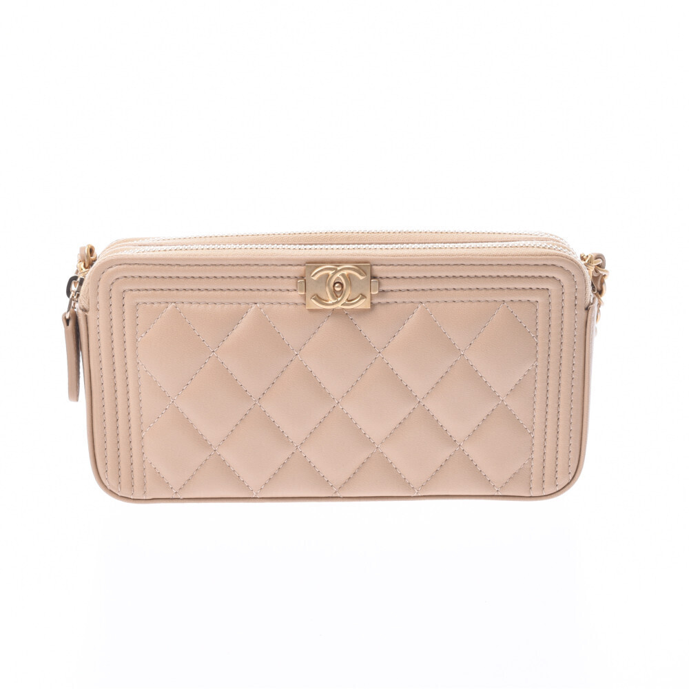 CHANEL Boy Clutch Bag Beige Lambskin Chain Wallet